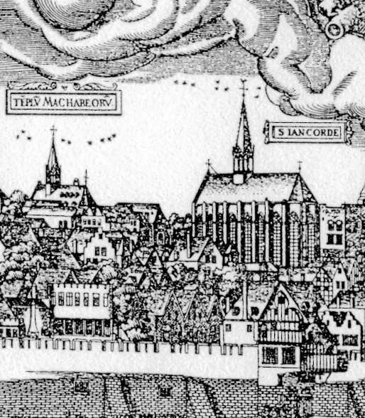 Die untergangenen Kirchen der Machabäer und Johann-Cordula in der Stadtansicht von Woensam. - © G. Franke
