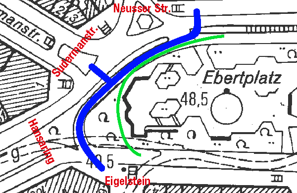 Neue Variante 1: Die Wege für Bus und Fußgänger werden getauscht. Als Option entsteht ein neuer Überweg zur Sudermanstraße. (blau: Fußweg; grün: Bus) - © gf  2005