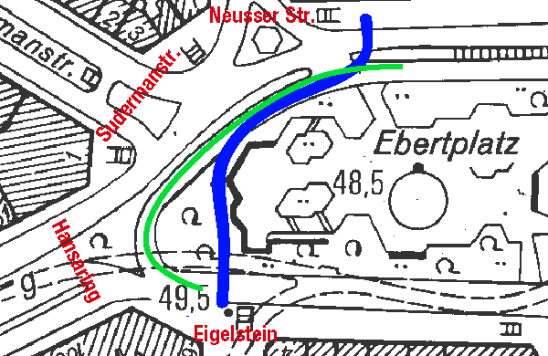 Alternative; Weg vom bestehenden Übergang an der Dresdner Bank durch die Busspur dann im Bogen auf den Eigelstein zu. (blau: Fußweg; grün: Bus) - © gf  2005